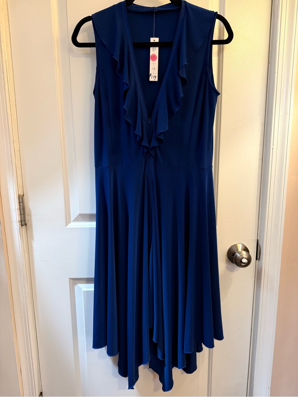 NWT Samuel Dong Royal Blue Asymmetrical Ruffle V-Neck Dress S Quiet Luxury